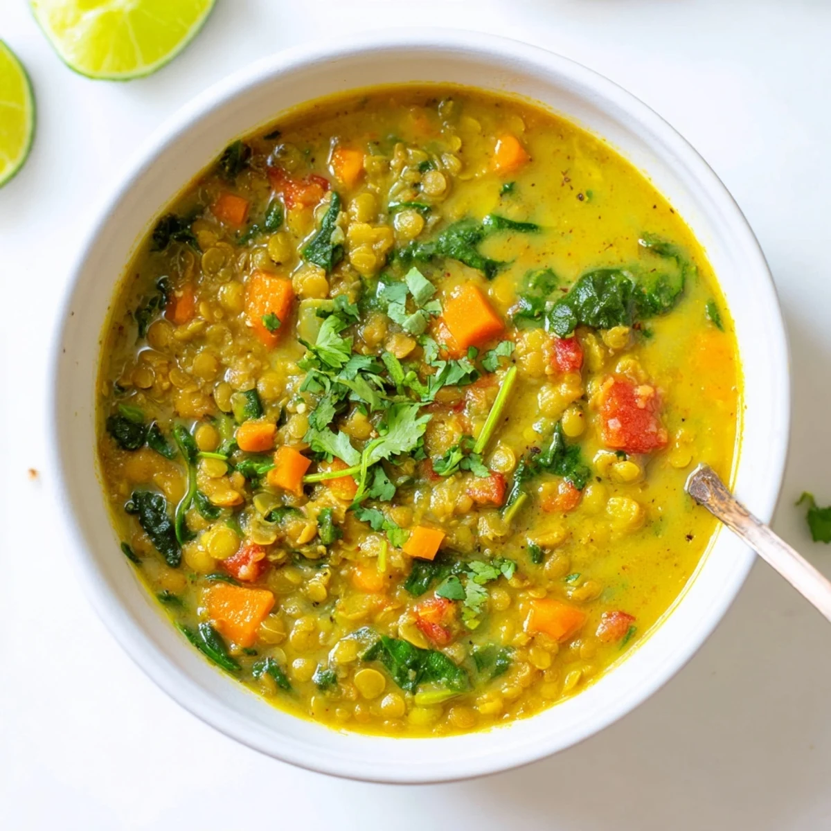 Hearty green lentil soup simmered with aromatic spices and rich coconut milk, ready for comforting dinner