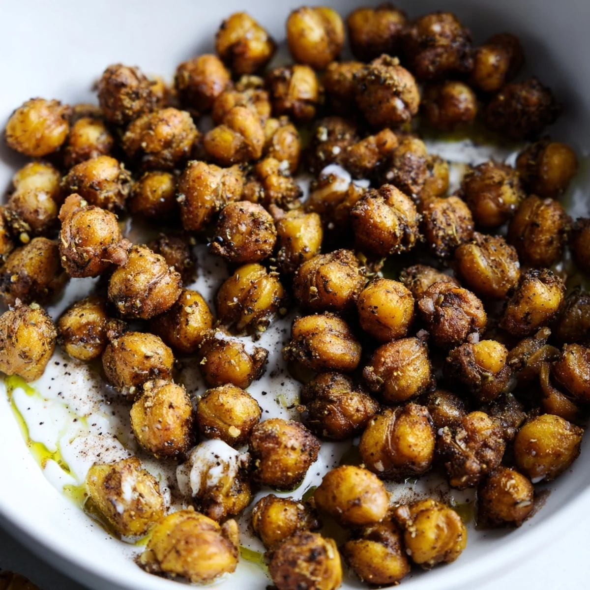 Golden roasted zaatar chickpeas atop fresh greens with creamy tahini drizzle in breakfast bowl