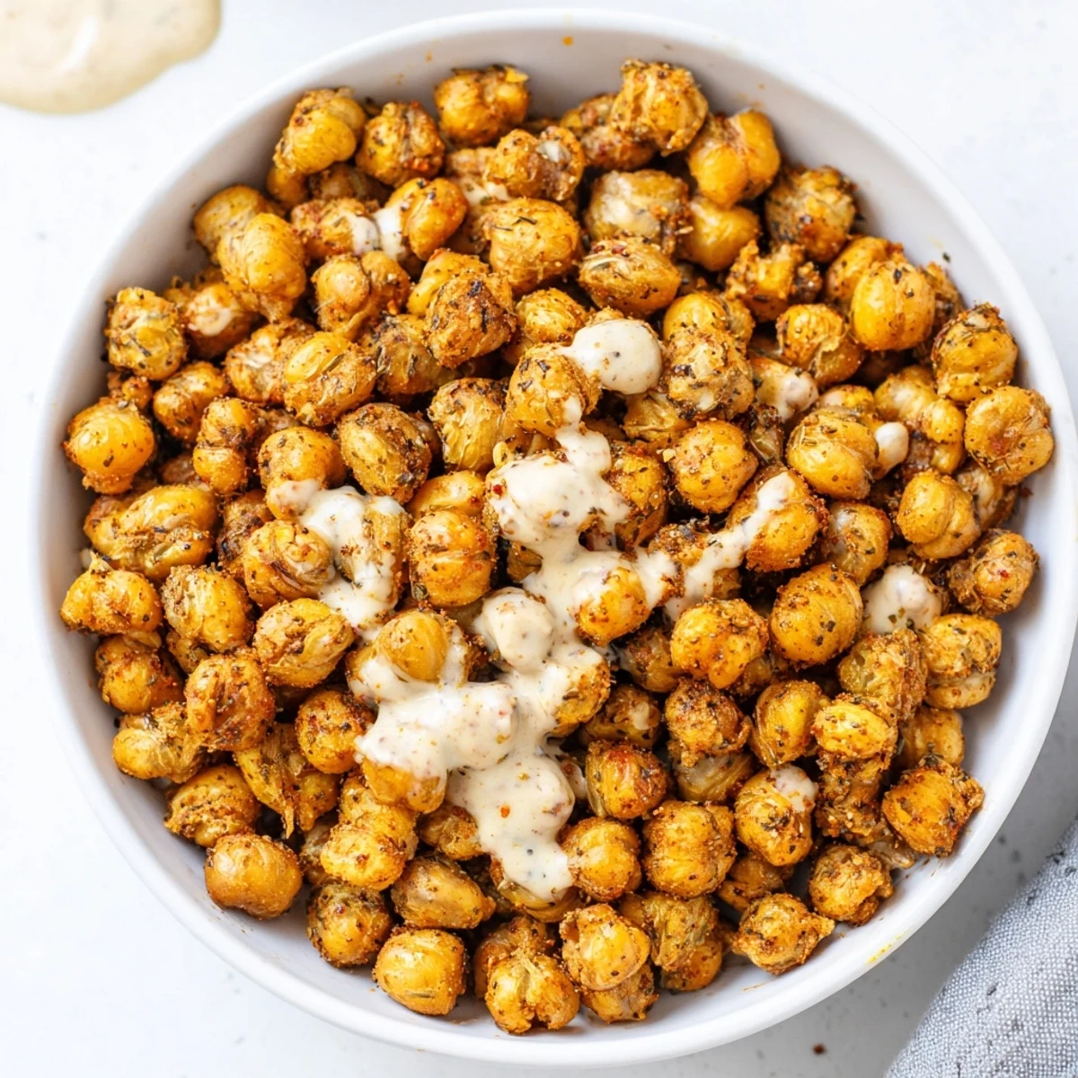 Protein-packed zaatar chickpea breakfast bowl served with tahini sauce and colorful fresh toppings