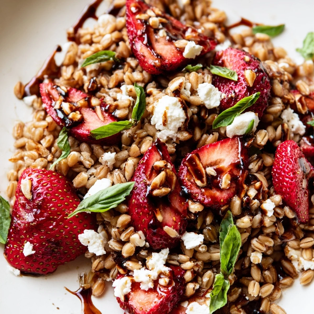 Colorful roasted strawberry balsamic farro salad bowl with fresh arugula and crumbled feta cheese