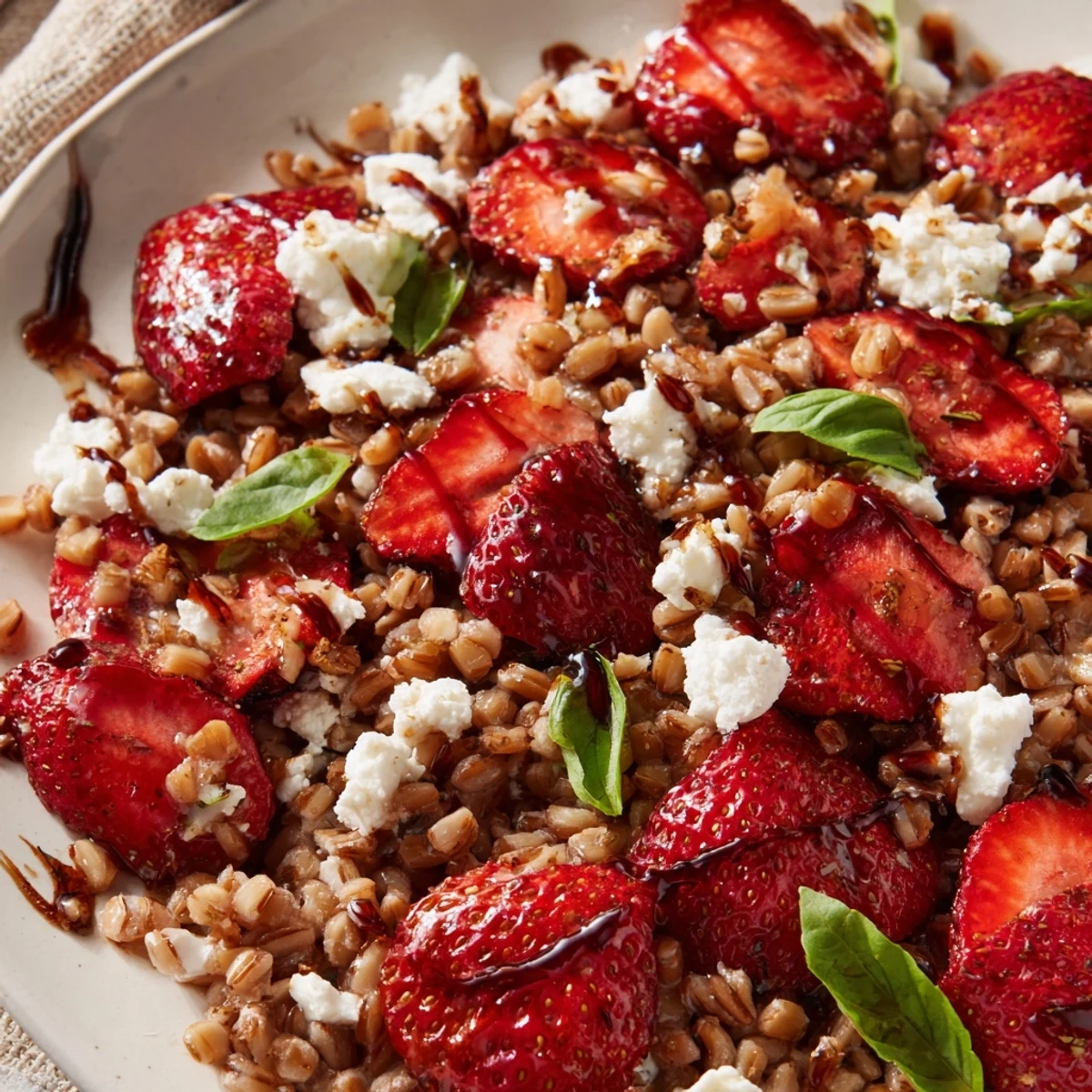 Golden farro grain salad topped with caramelized roasted strawberries and toasted almonds in balsamic dressing