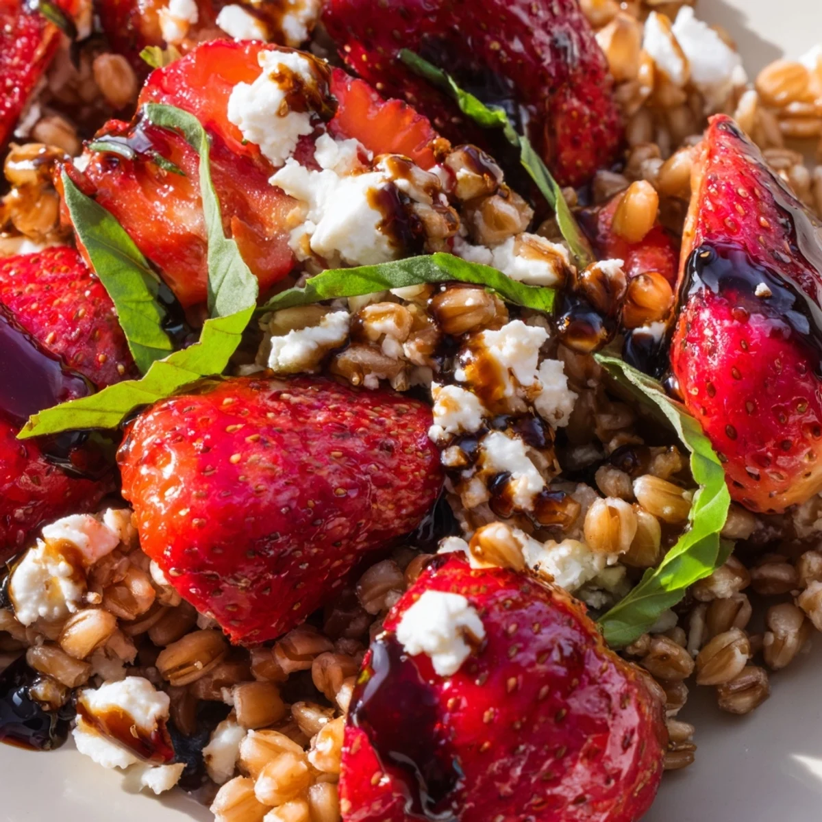 Vibrant summer farro bowl featuring sweet roasted strawberries, tangy feta, and fresh basil leaves