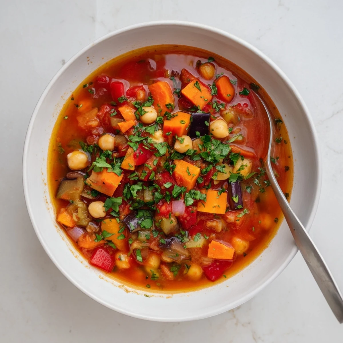 Rich smoky eggplant tomato chickpea soup served in rustic bowls with crusty bread