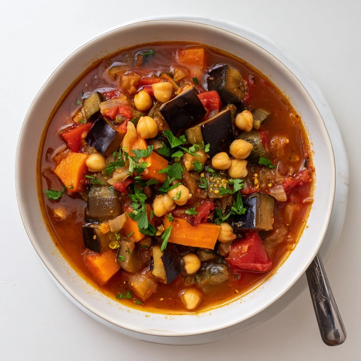 Golden bowl of hearty smoky eggplant tomato chickpea soup garnished with fresh parsley