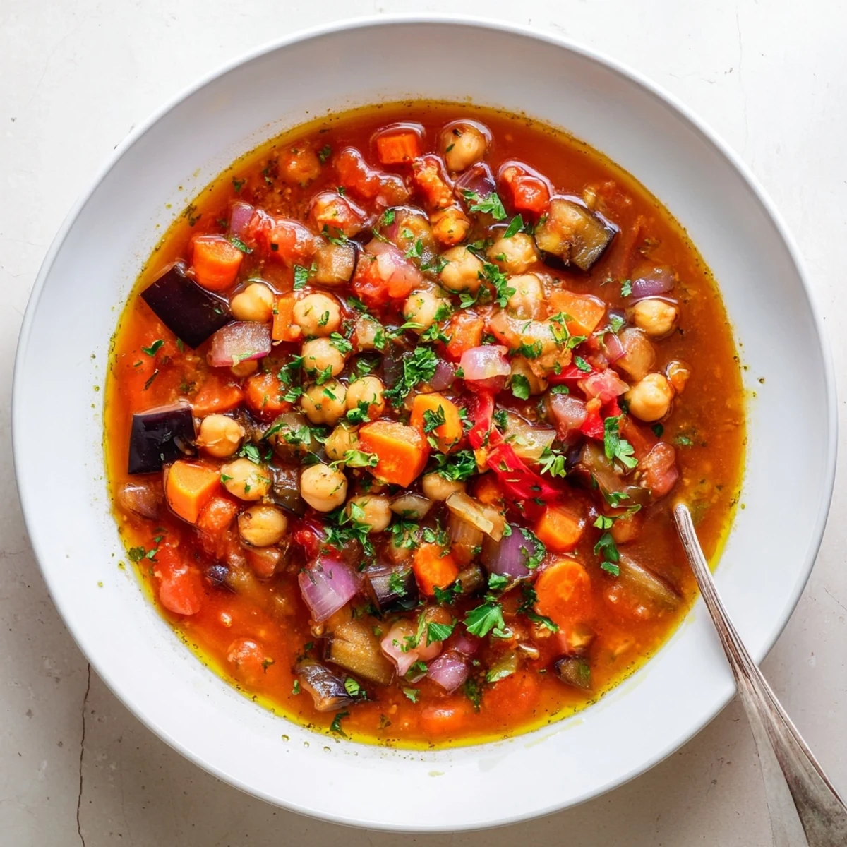 Comforting Mediterranean smoky eggplant tomato chickpea soup with vibrant red vegetables and olive oil drizzle