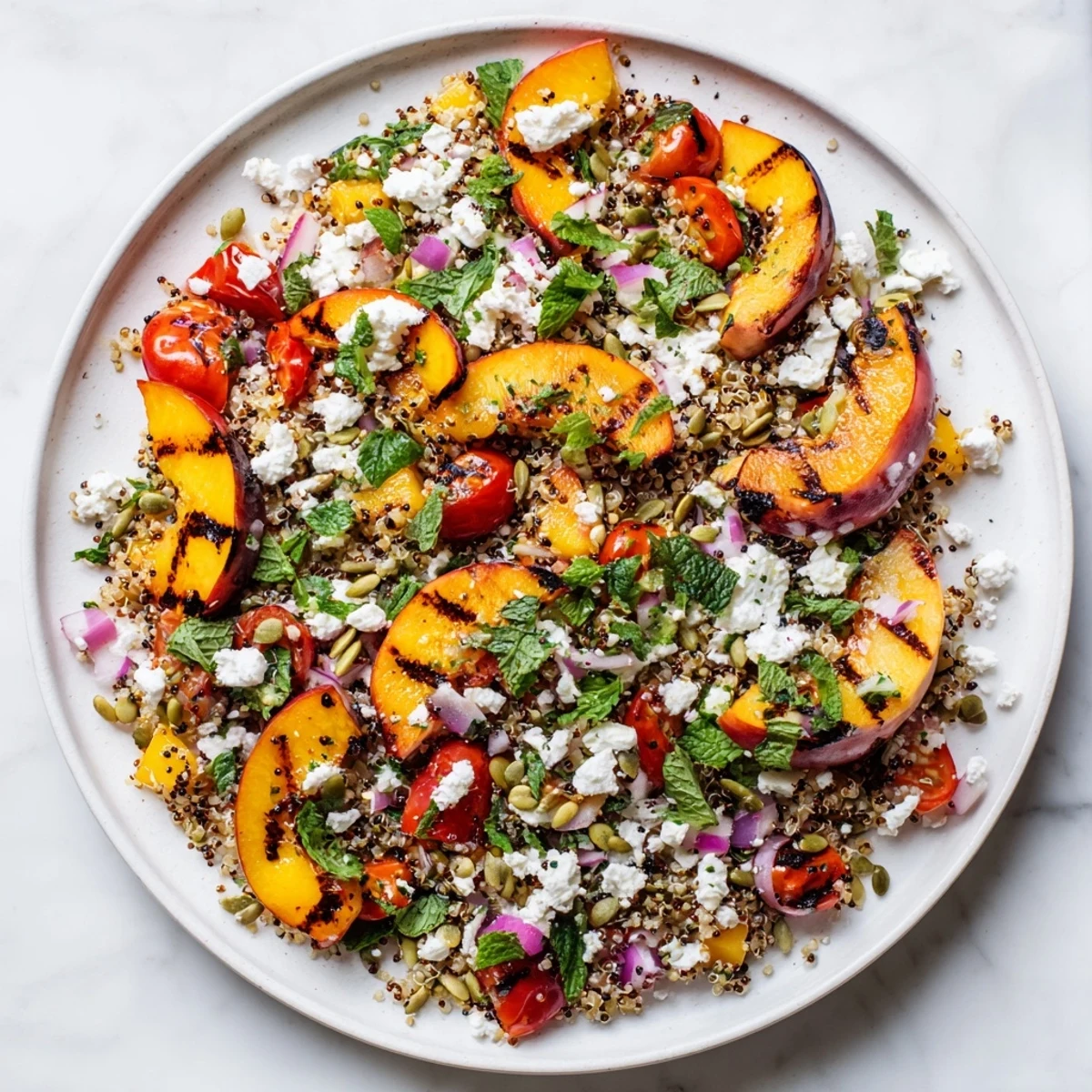 Colorful grilled peach chili lime quinoa grain salad featuring charred peach wedges, fresh herbs, and vegetables in a zesty dressing