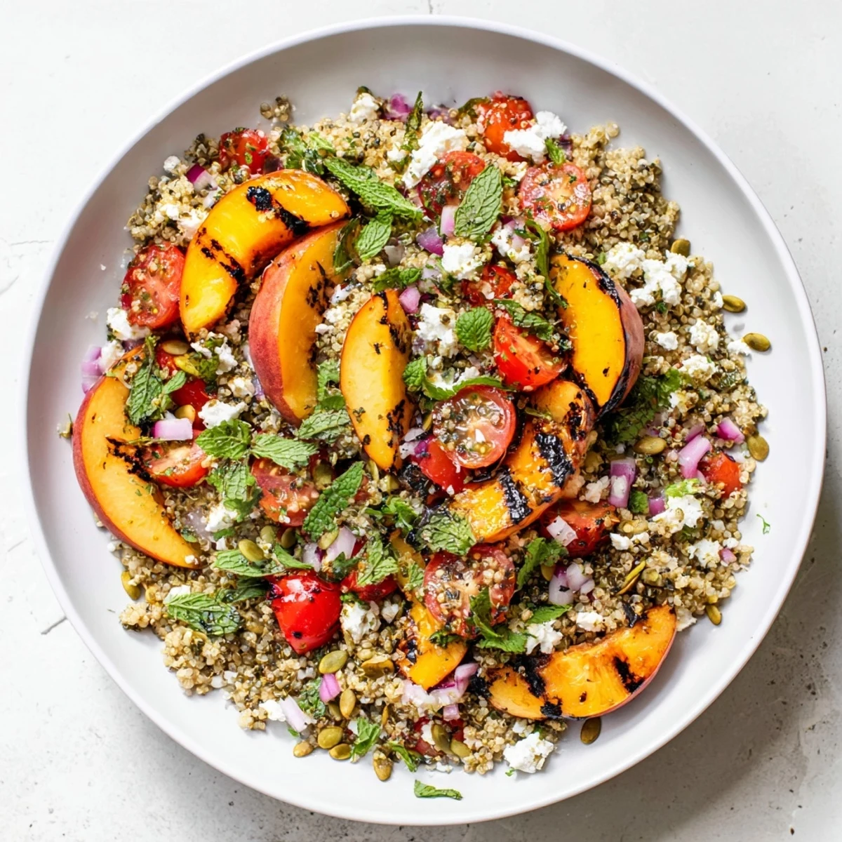 Vibrant summer bowl of grilled peach chili lime quinoa salad with smoky fruit, crisp veggies, and tangy citrus-lime flavors