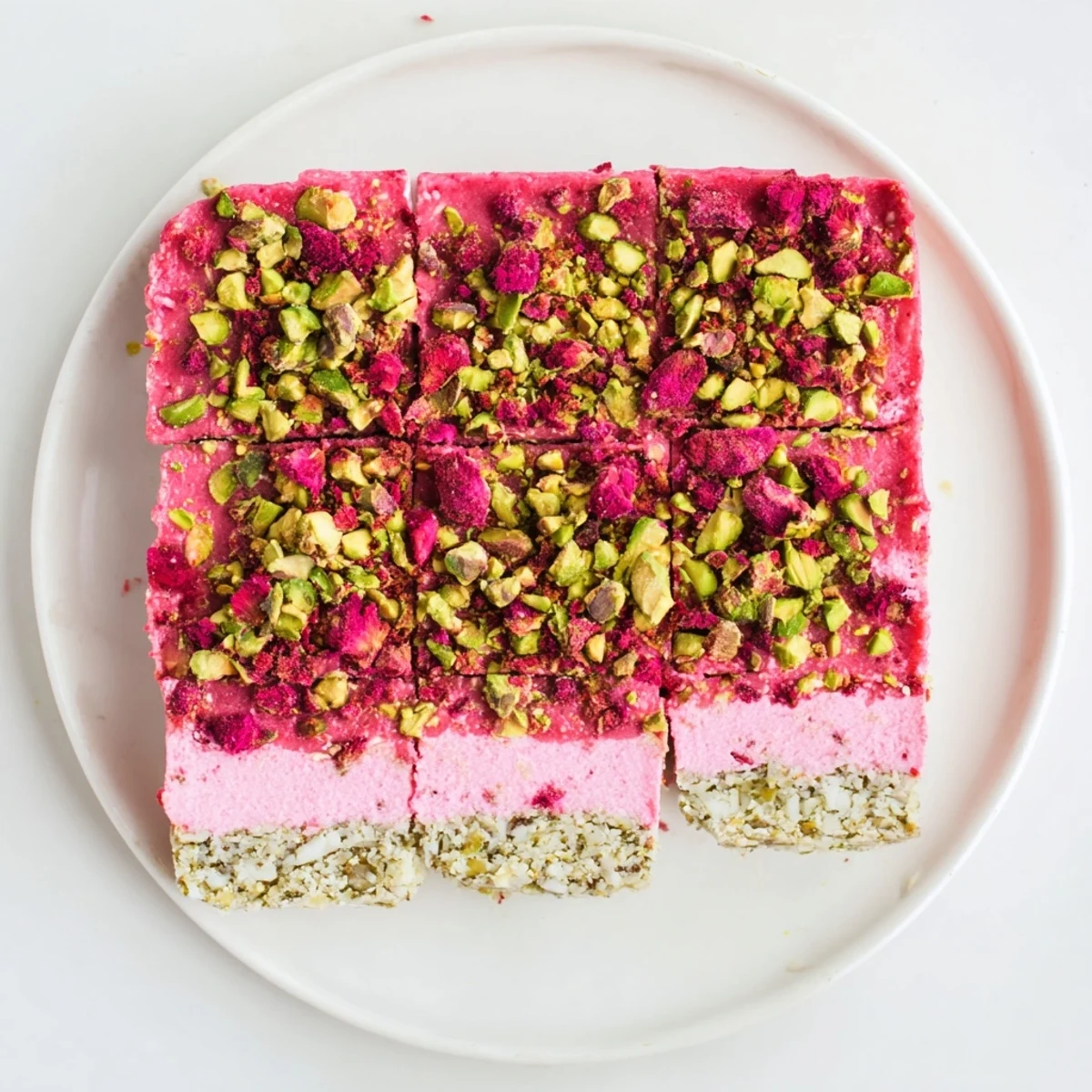 Creamy raspberry pistachio freezer fudge squares topped with crunchy nuts and tart berries