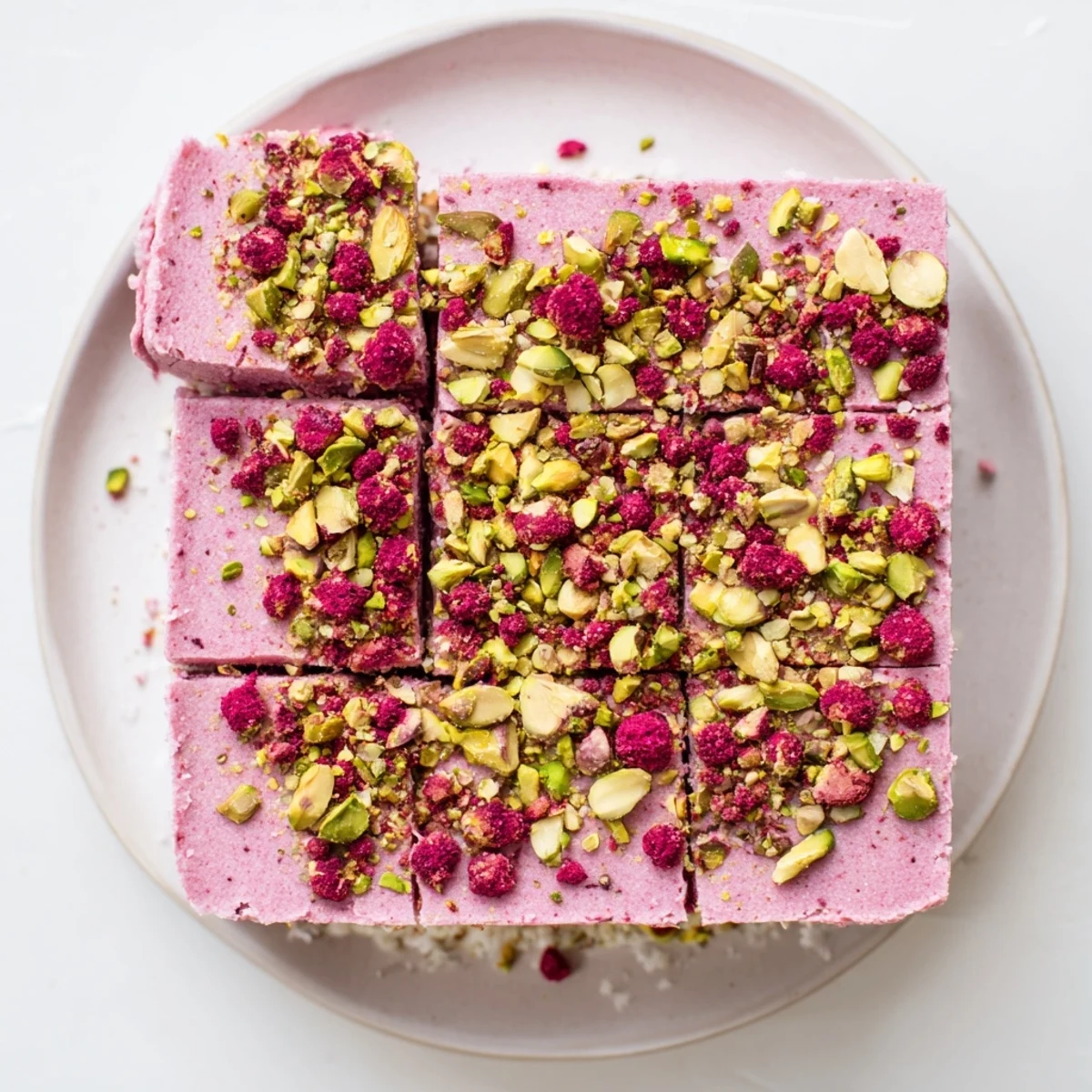 No-bake raspberry pistachio freezer fudge squares with bright pink swirls and green pistachio garnish