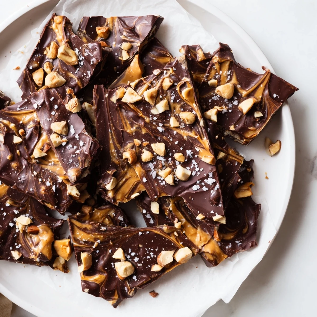 Dark chocolate peanut butter swirl bark topped with roasted peanuts and flaky sea salt on parchment paper