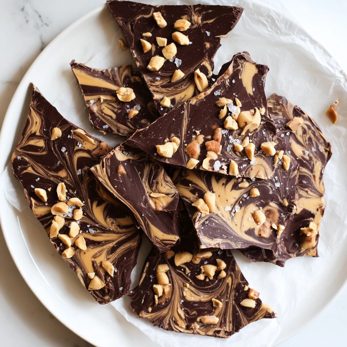 Creamy peanut butter swirled through melted dark chocolate bark with chopped peanut and salt garnish