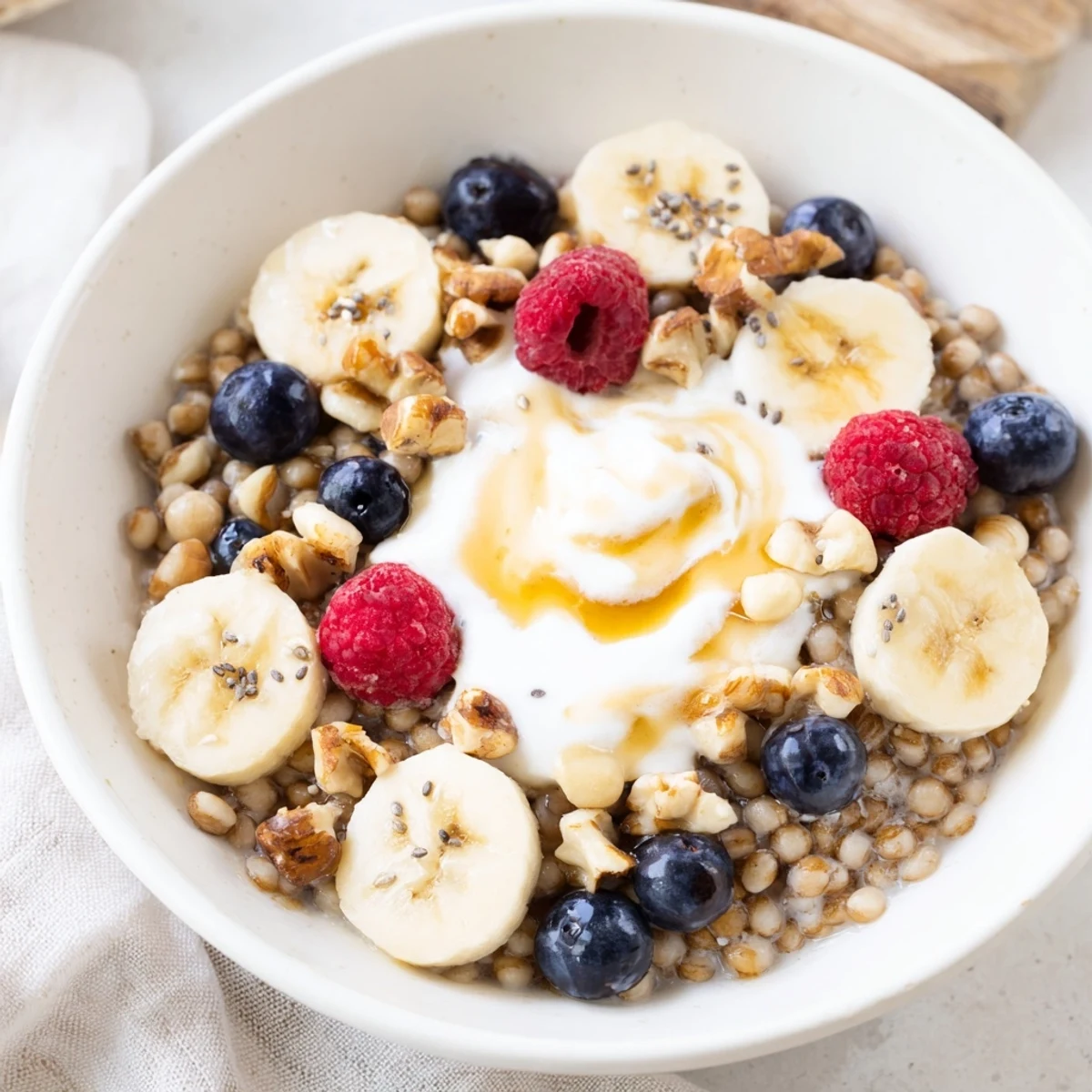 Golden vanilla maple buckwheat breakfast bowl topped with fresh banana slices and vibrant mixed berries