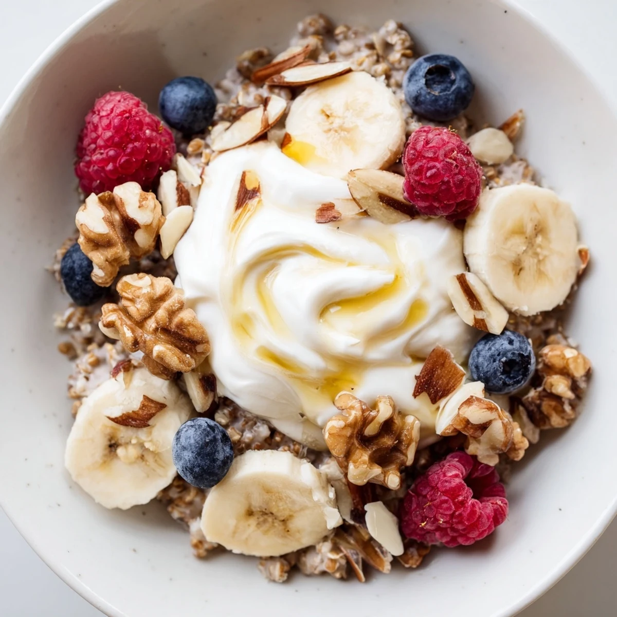 Hearty gluten-free breakfast bowl featuring nutty buckwheat, sweet maple yogurt, and colorful fresh fruit toppings
