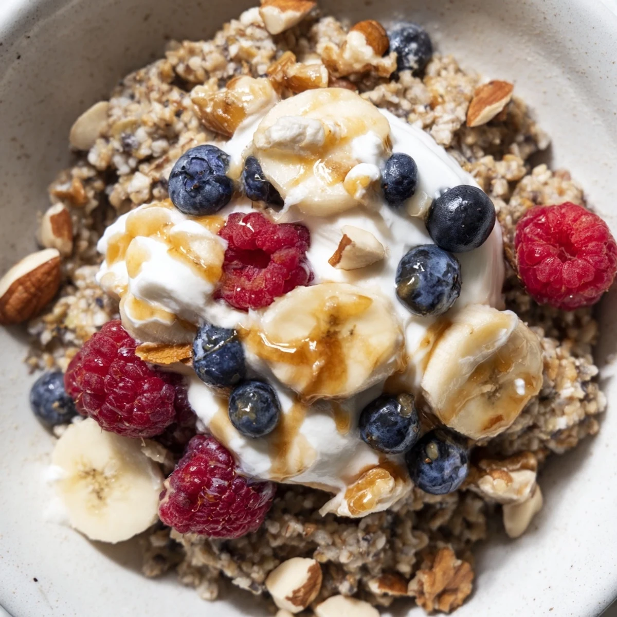 Creamy vanilla maple yogurt swirled over warm buckwheat groats with crunchy toasted nuts and chia seeds
