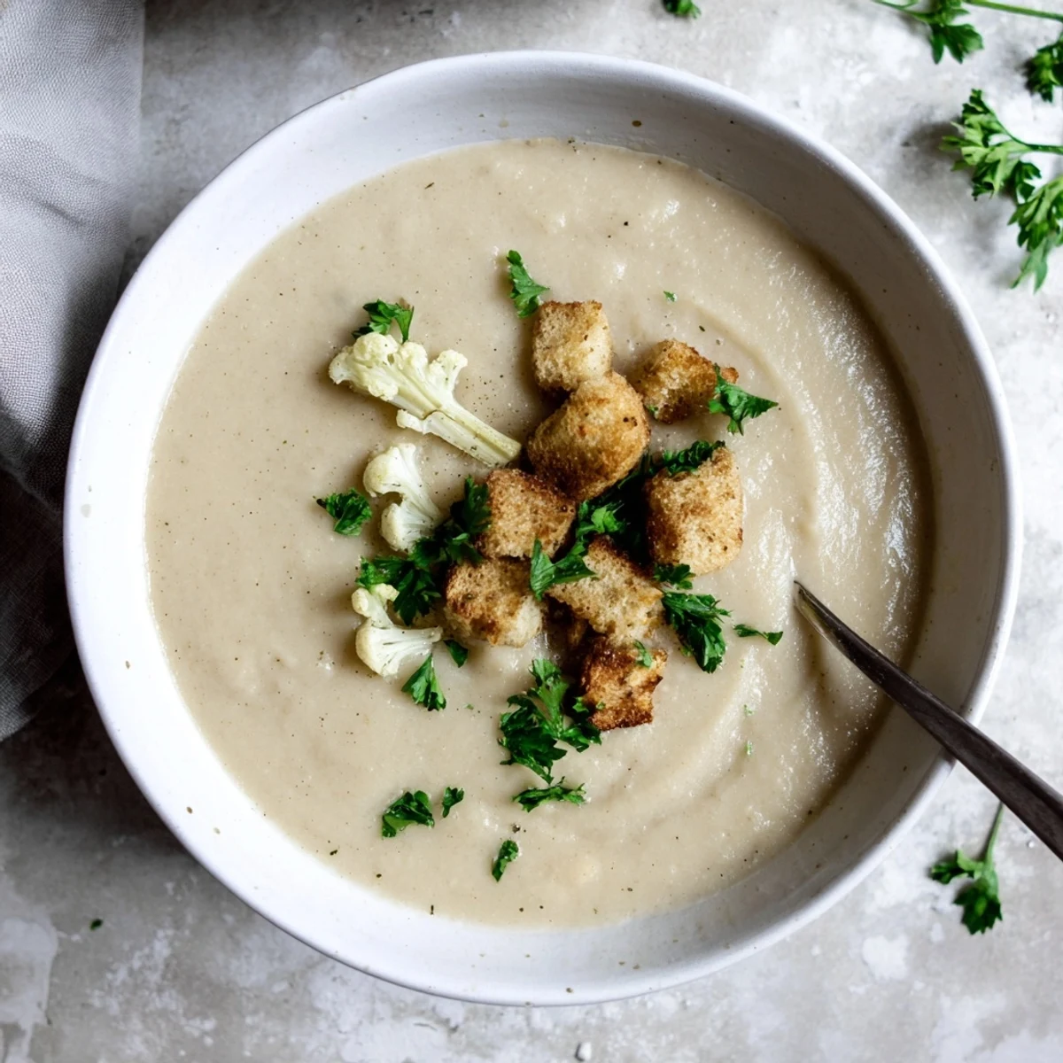 Creamy roasted kohlrabi and white bean soup garnished with fresh parsley and crusty bread