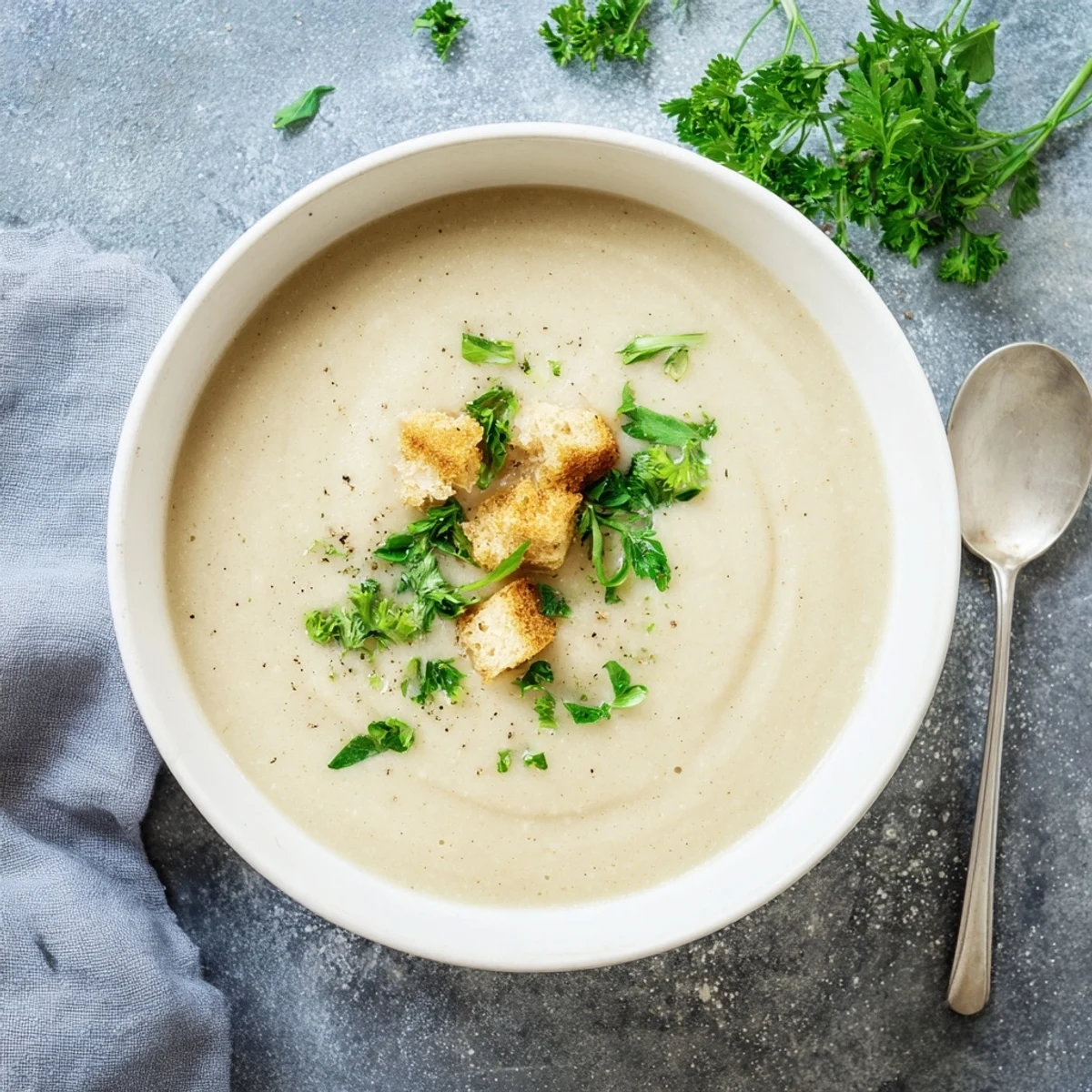 Velvety bowl of hearty roasted kohlrabi white bean soup with golden croutons on top