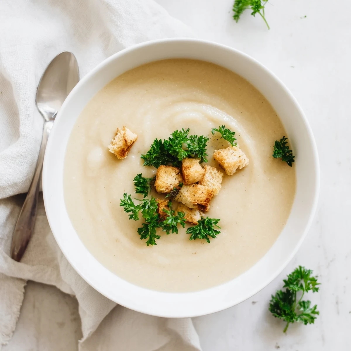 Steamy creamy white bean and kohlrabi soup served in a rustic bowl with parsley sprinkles
