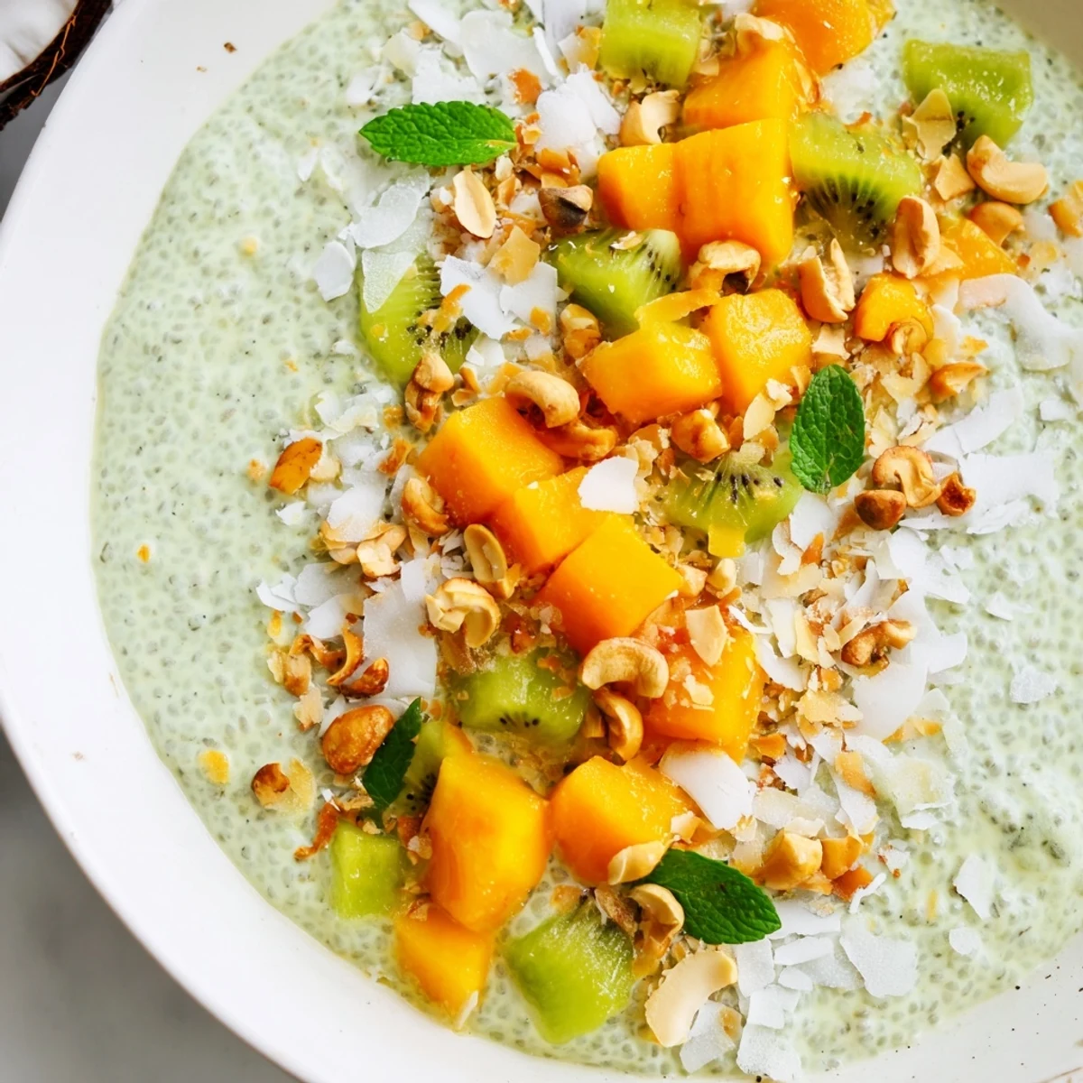 Creamy coconut pandan chia breakfast bowl topped with fresh mango and kiwi