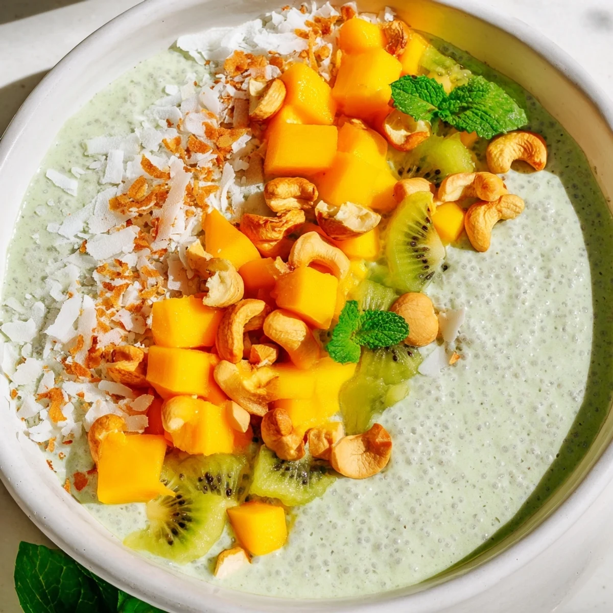 Overnight coconut pandan chia pudding bowl garnished with toasted coconut flakes