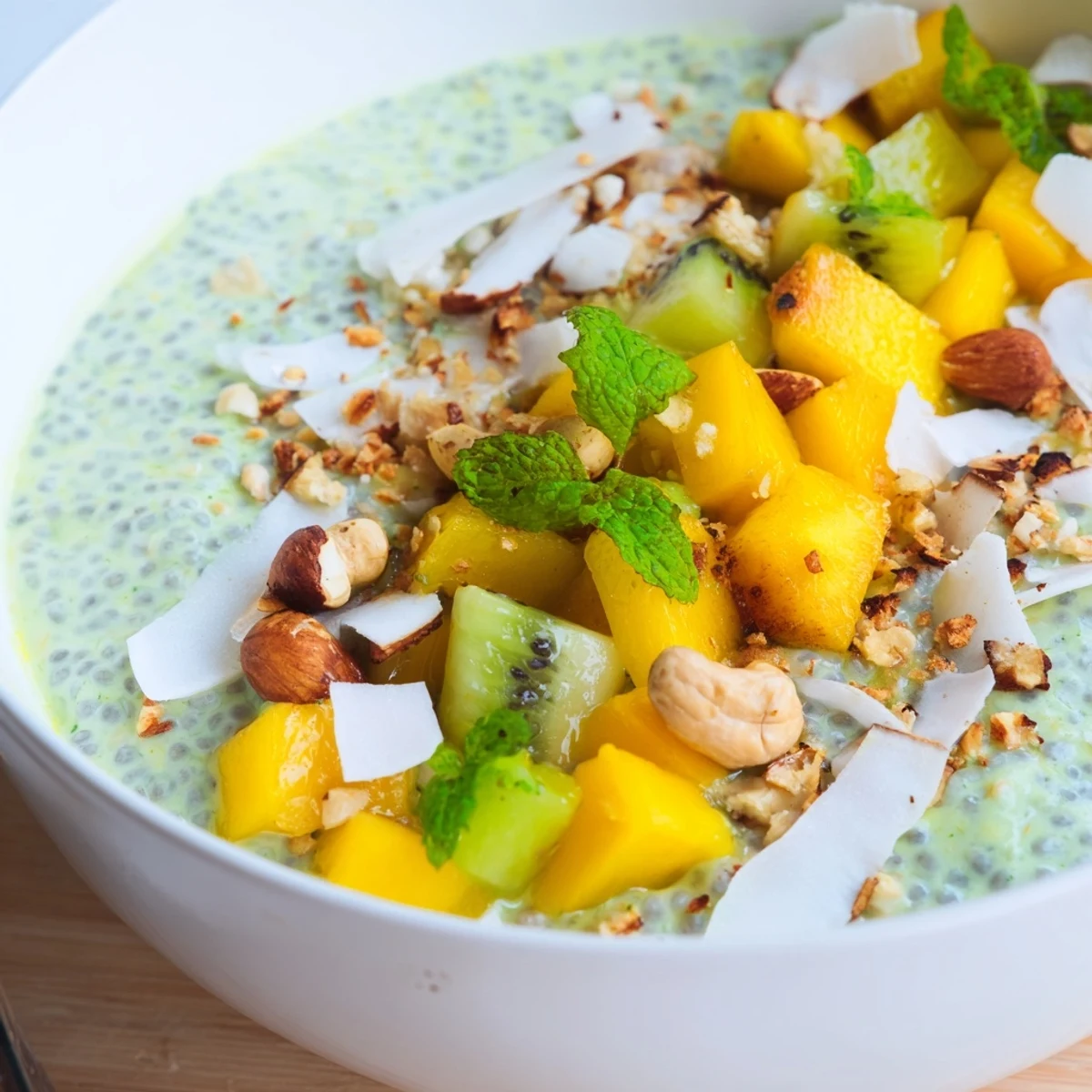 Green pandan infused coconut chia breakfast bowl with tropical fruit and nuts