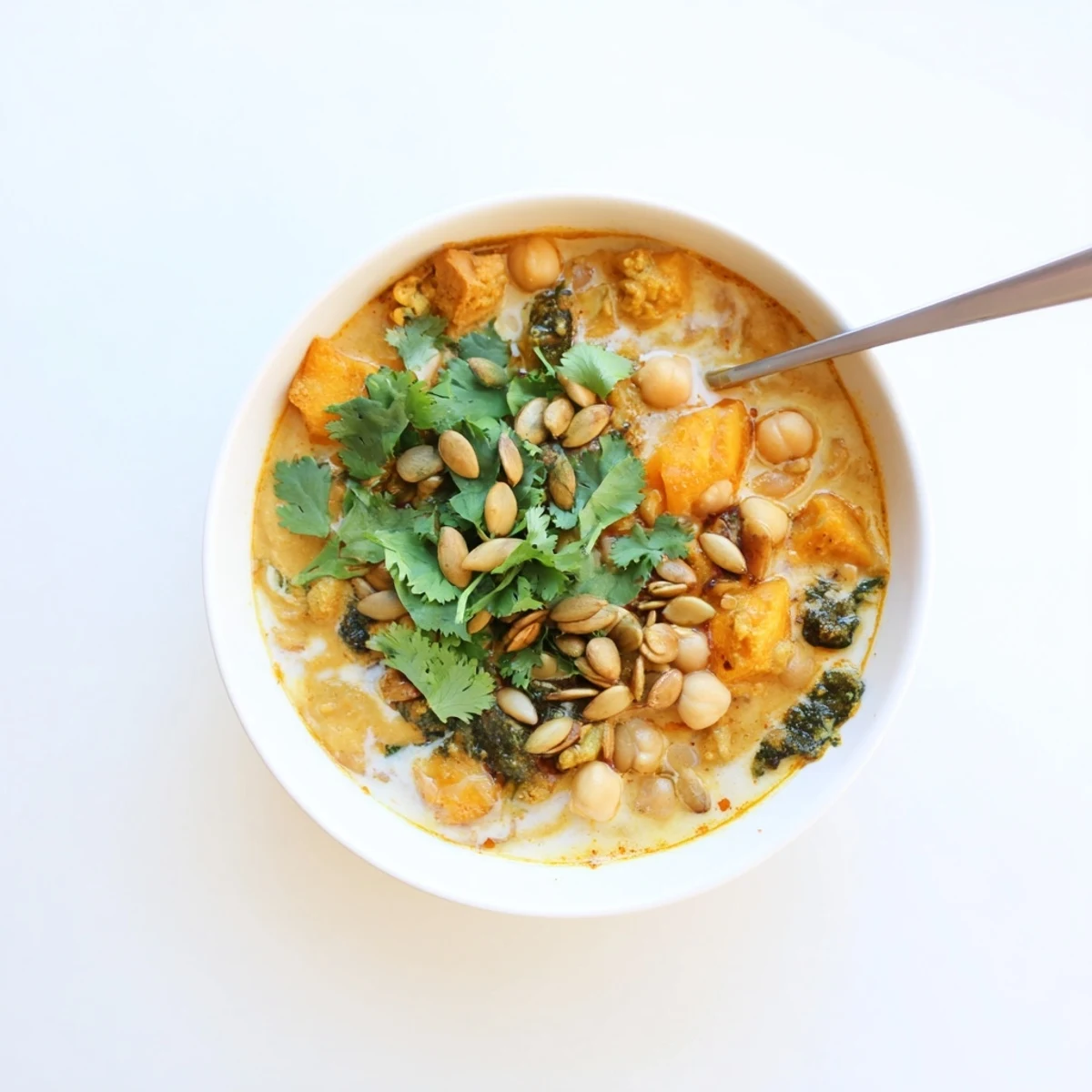 Creamy spiced pumpkin coconut chickpea soup garnished with fresh cilantro and toasted pumpkin seeds in a rustic bowl