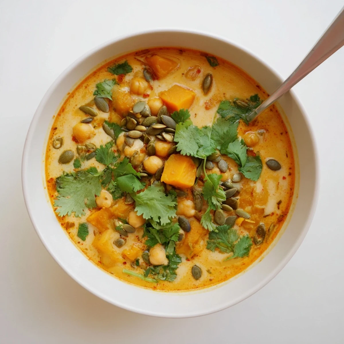 Golden vegan spiced pumpkin coconut chickpea soup steaming hot with vibrant orange chunks and aromatic spice swirl
