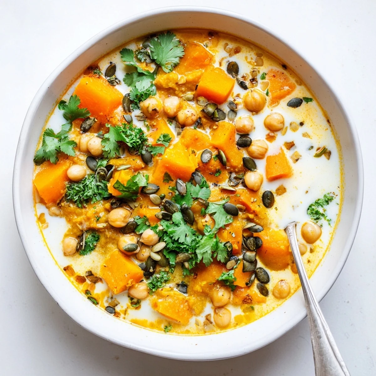 Hearty spiced pumpkin coconut chickpea soup ladled into white bowl, topped with green herbs and creamy coconut drizzle