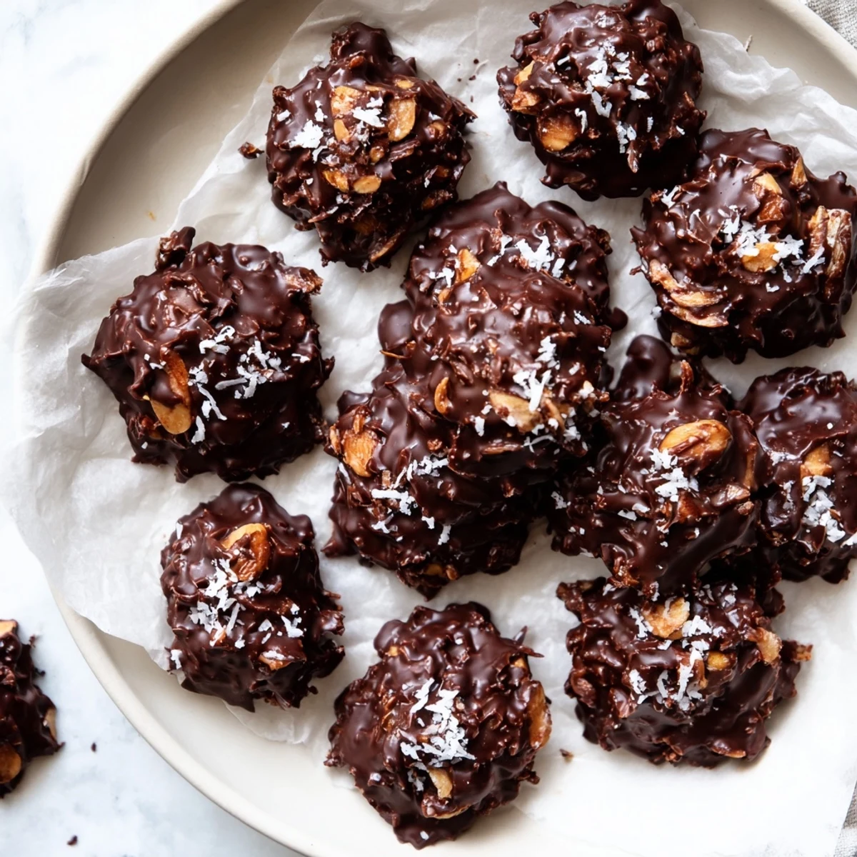 Glossy dark chocolate coating crunchy almonds and shredded coconut arranged on parchment paper