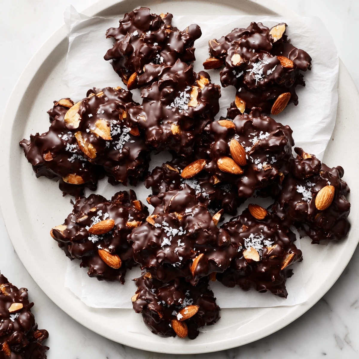 Dark chocolate coconut almond clusters piled high with toasted coconut flakes and whole roasted almonds