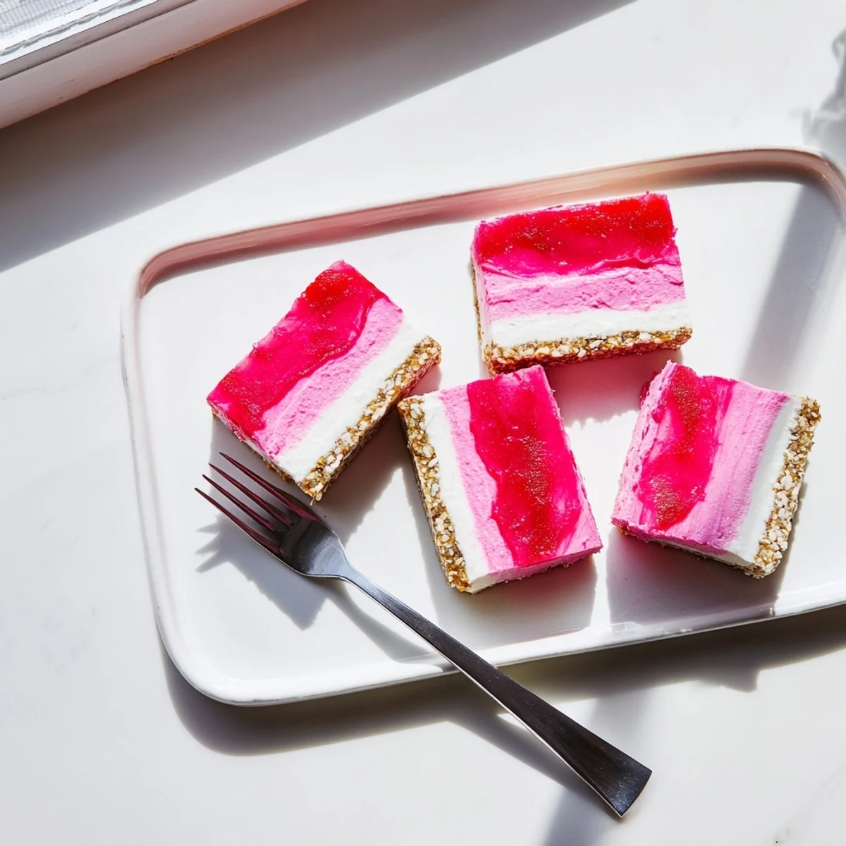Fresh sliced strawberry lemon cashew cream bars on a wooden serving board, showcasing three distinct vibrant layers