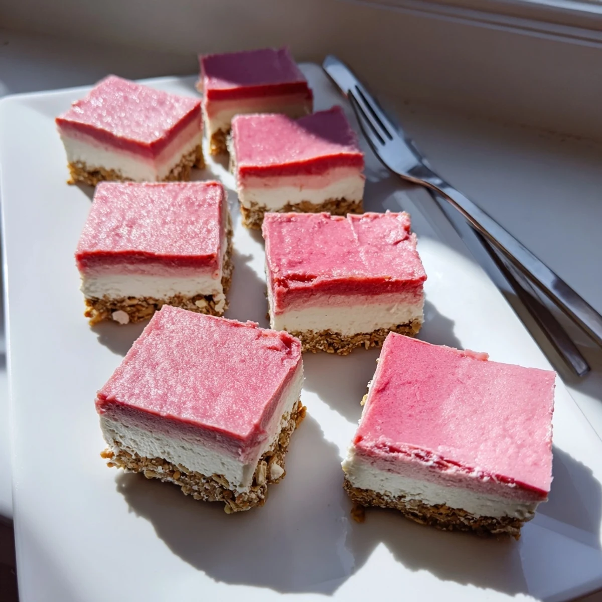 Square slice of strawberry lemon cashew cream bars held in hand, revealing the colorful layered cross-section and creamy texture