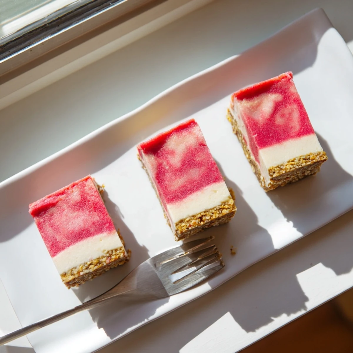 No-bake strawberry lemon cashew cream bars with pink fruity topping, white creamy center, and nutty crust, dusted with lemon zest