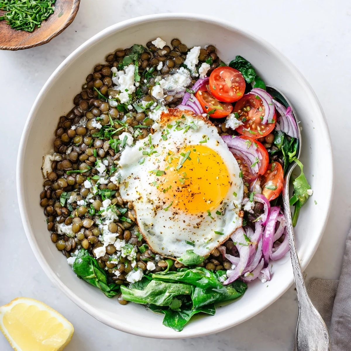Golden fried egg atop savory herbed lentil breakfast bowl with fresh wilted spinach