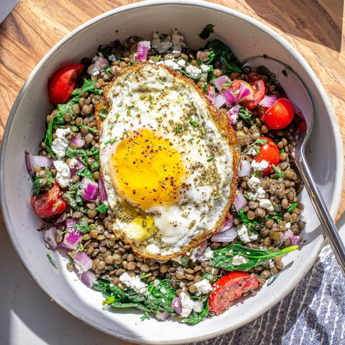 Hearty bowl of seasoned lentils and sautéed spinach topped with perfectly cooked egg