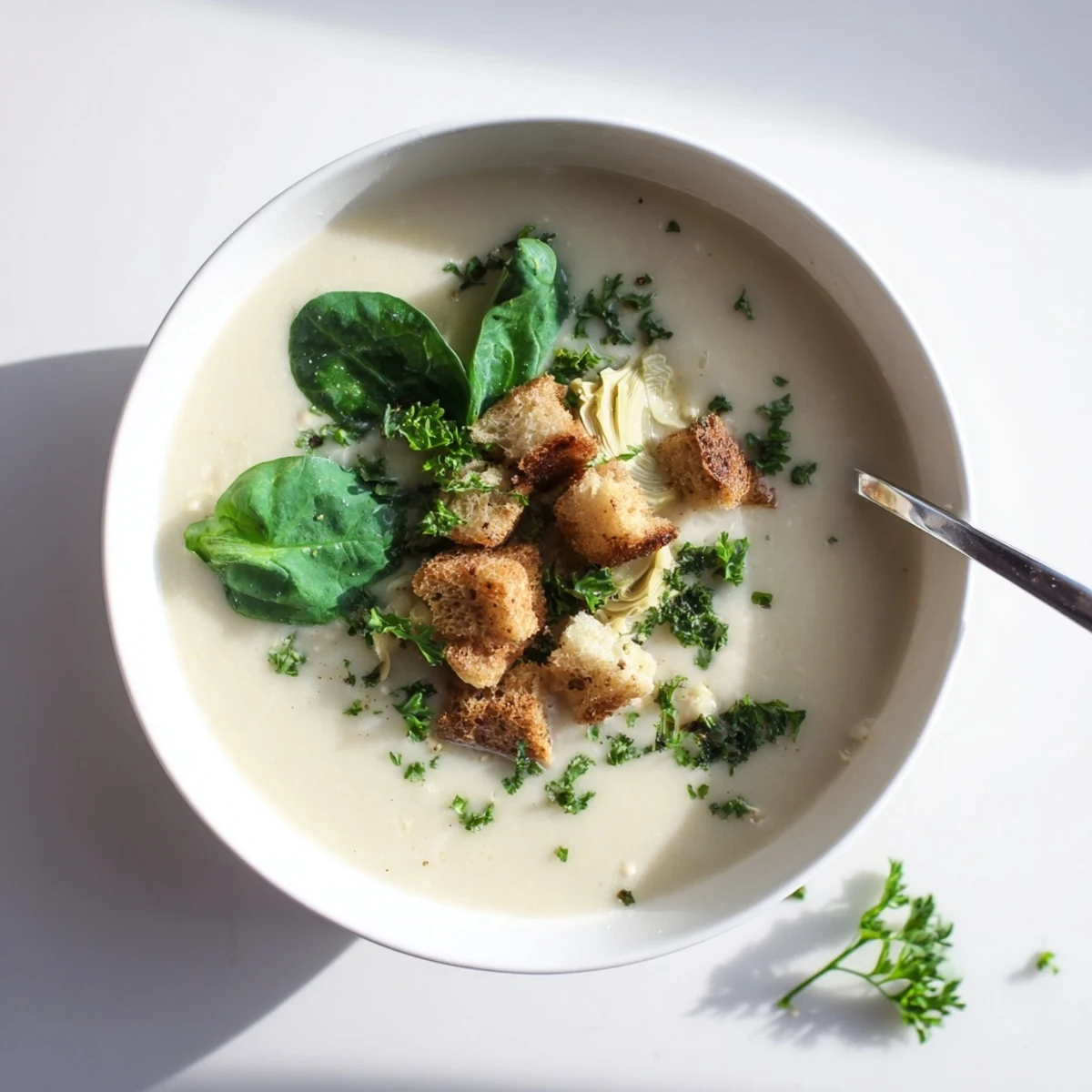 Golden bowl of creamy roasted artichoke and white bean soup topped with fresh parsley and croutons