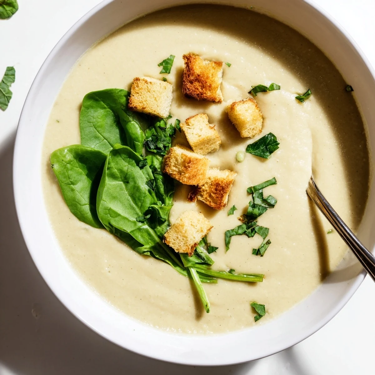 Velvety smooth roasted artichoke and white bean hearty soup served with crusty sourdough bread for dipping