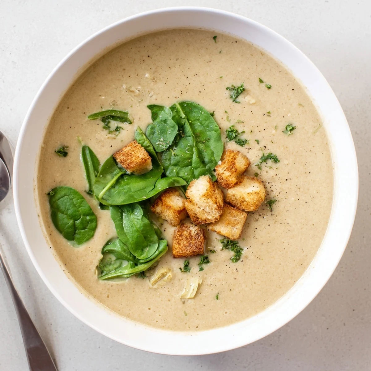 Rustic ceramic bowl filled with creamy artichoke and white bean soup garnished with baby spinach leaves
