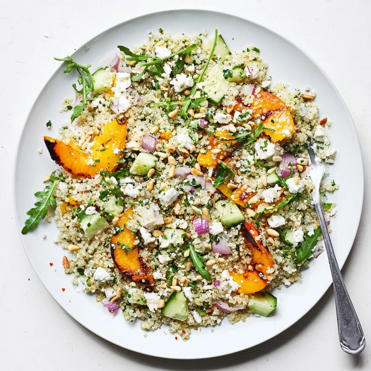 Golden charred apricot wedges atop fluffy quinoa mixed with crisp vegetables and fresh herbs