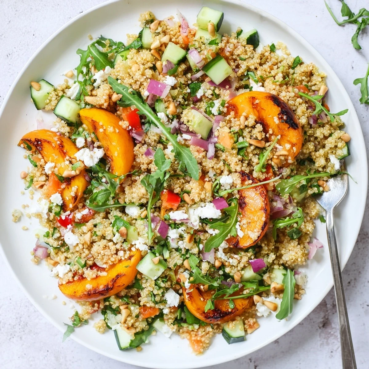 Summer grain salad featuring smoky grilled apricots nutty quinoa and colorful diced vegetables