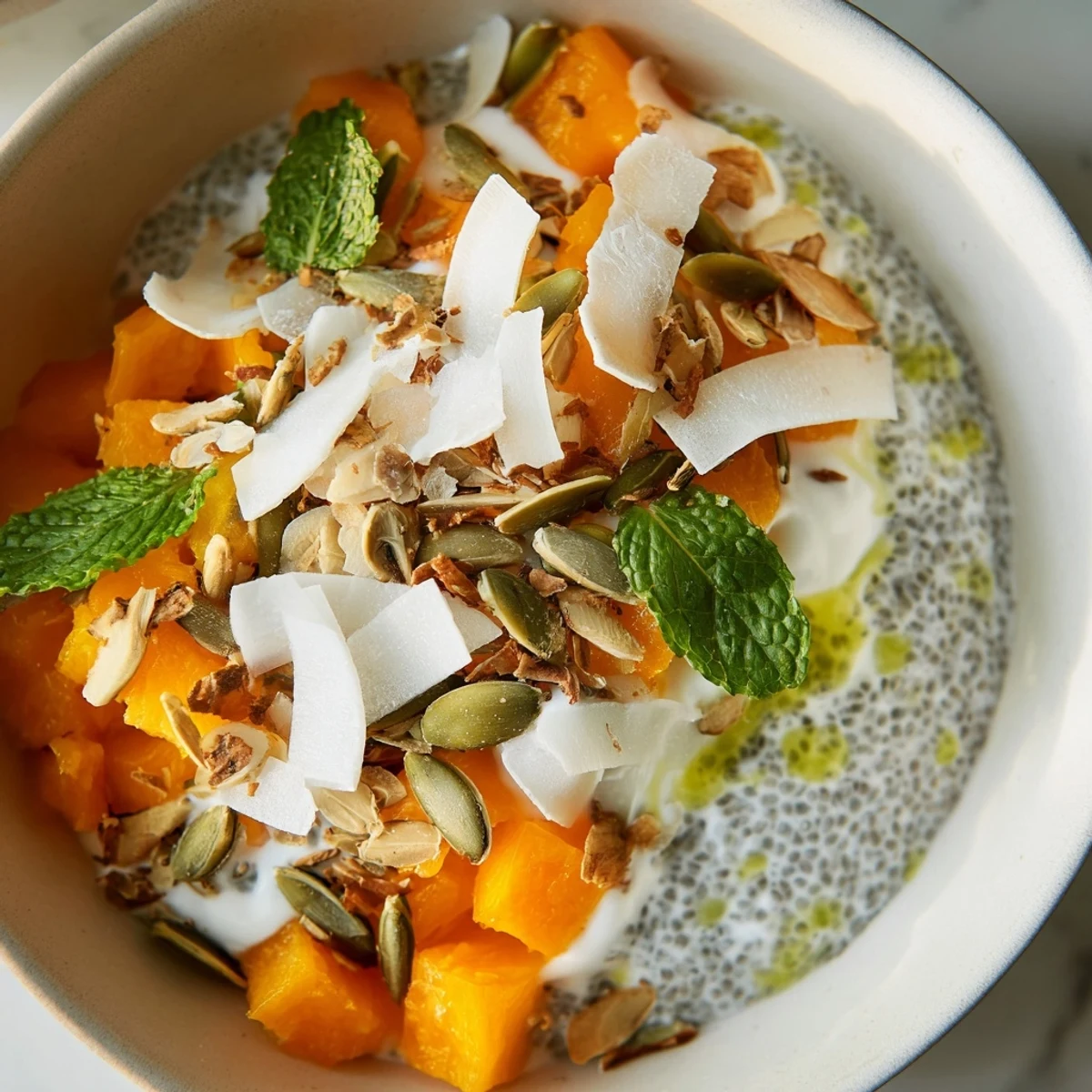 Golden papaya coconut lime chia breakfast bowl topped with crunchy seeds and fresh coconut flakes