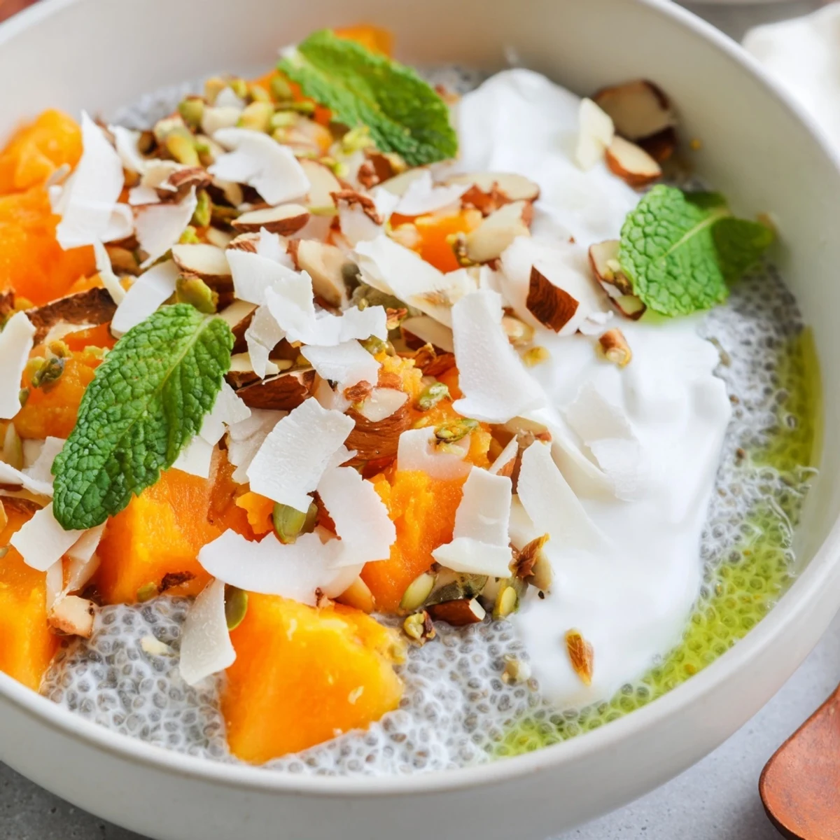 Tropical papaya coconut lime chia breakfast bowl served with yogurt dollop and almonds in rustic bowl