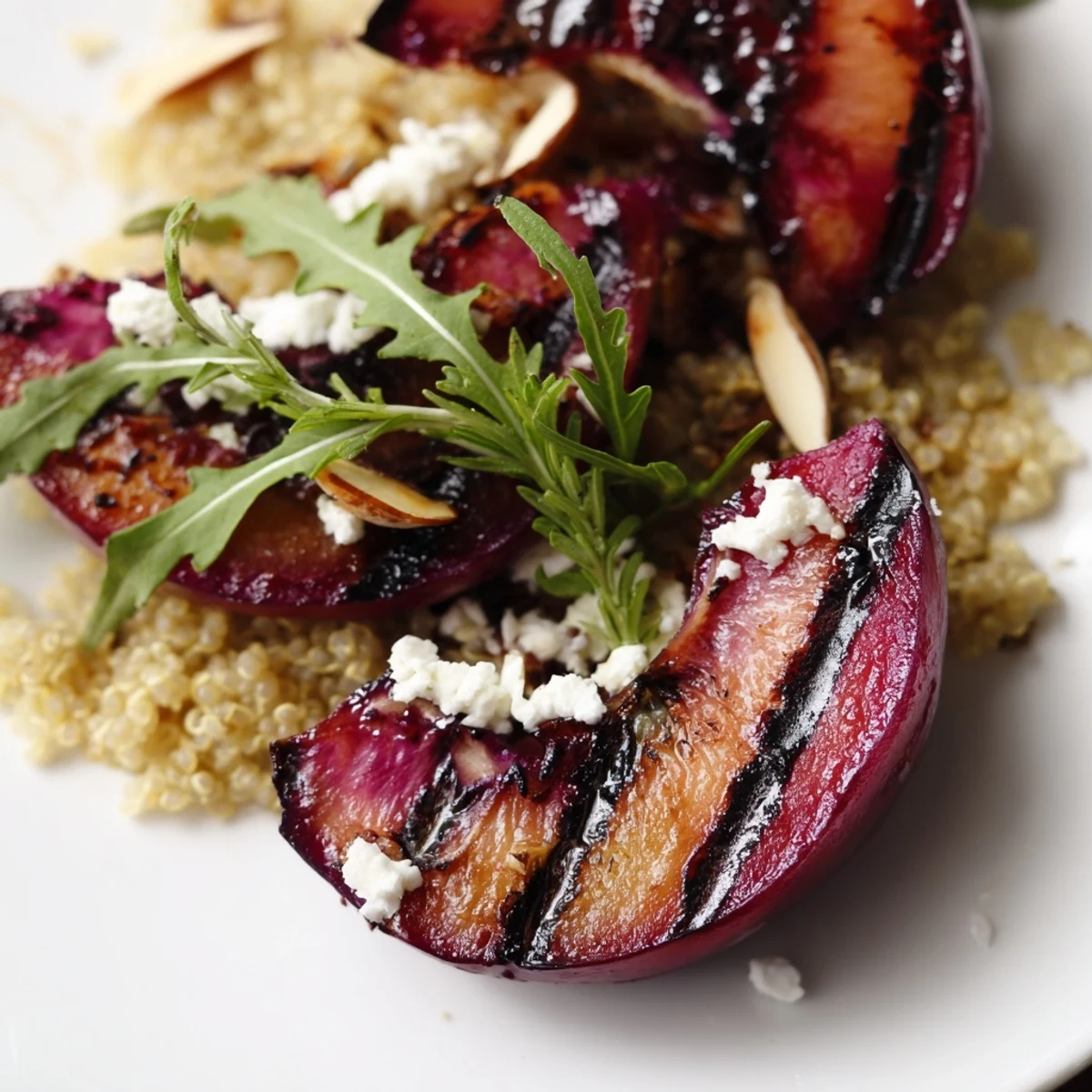 Grilled Plum and Rosemary Quinoa Grain Salad topped with caramelized fruit and fresh greens on a white platter