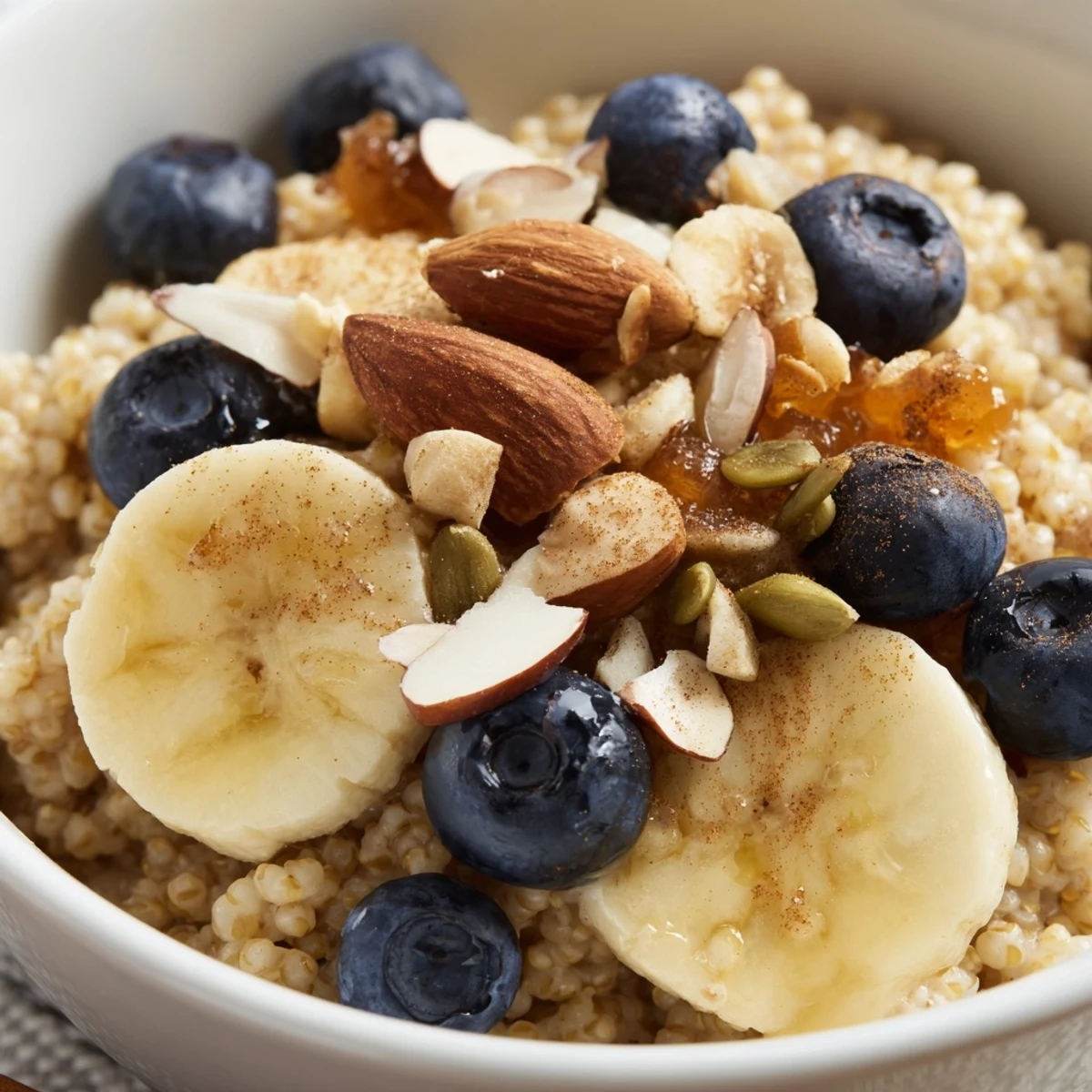 Creamy maple vanilla millet breakfast bowl topped with fresh berries and toasted nuts