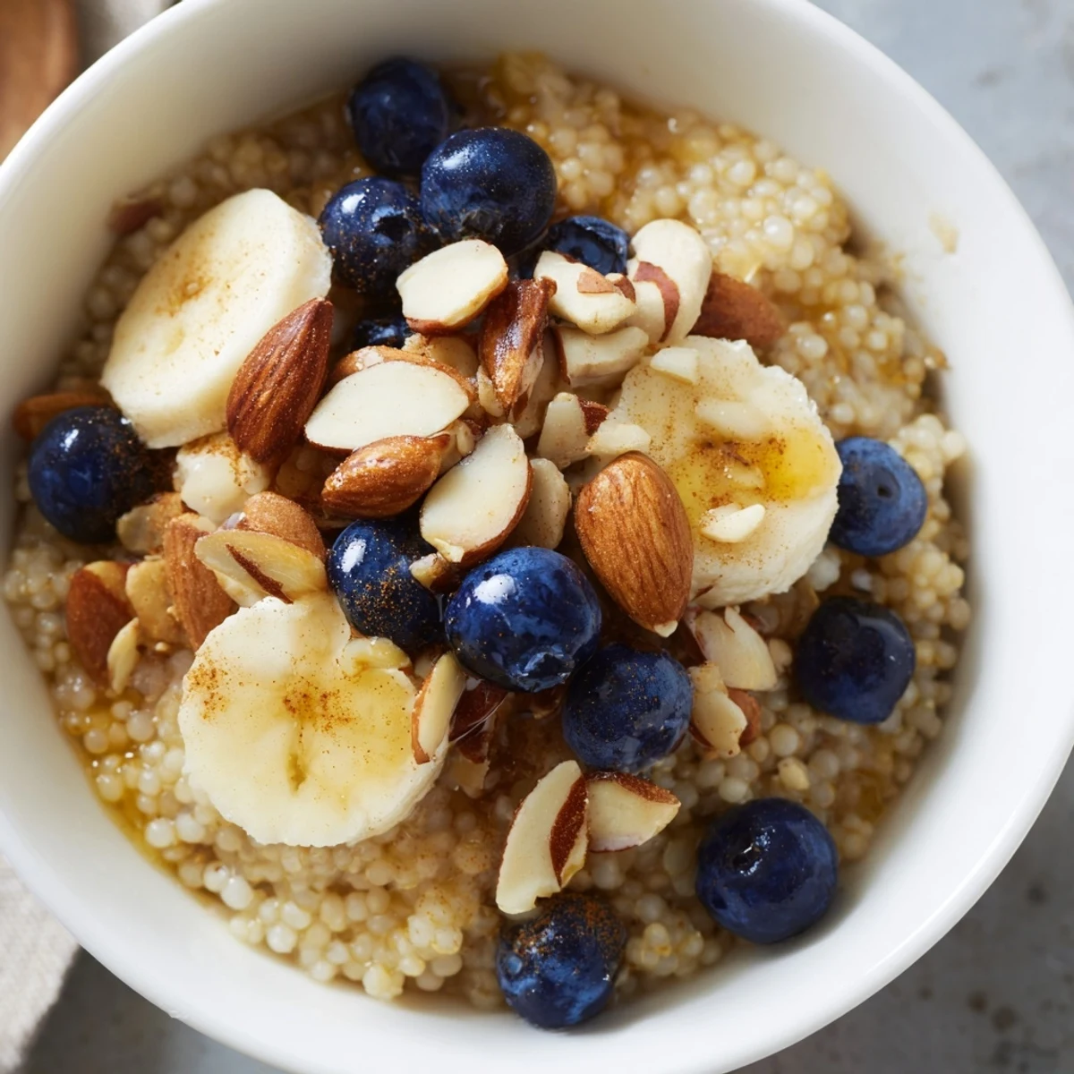 Warm maple vanilla millet breakfast bowl served with sliced banana and crunchy almonds
