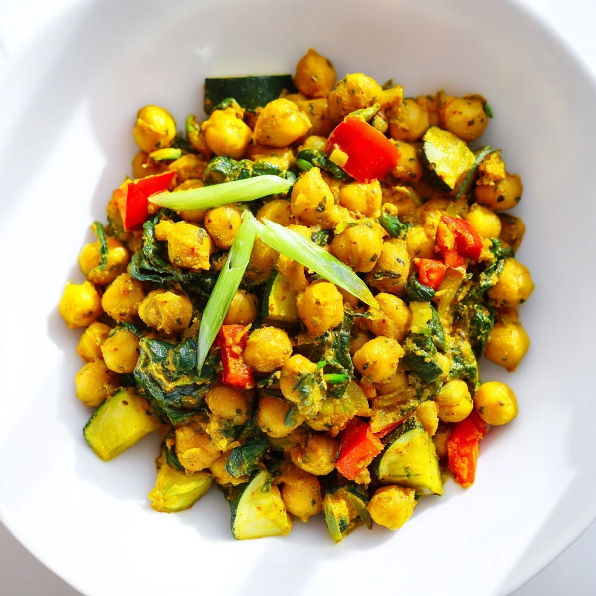 Golden curried chickpea breakfast bowl topped with creamy avocado slices and fresh tomatoes