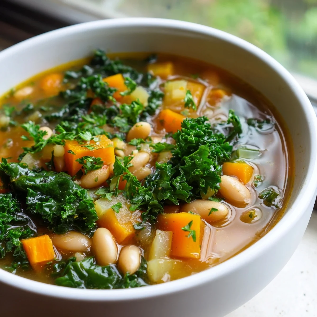 Smoky white bean and kale hearty soup simmering in a rustic pot with fresh herbs