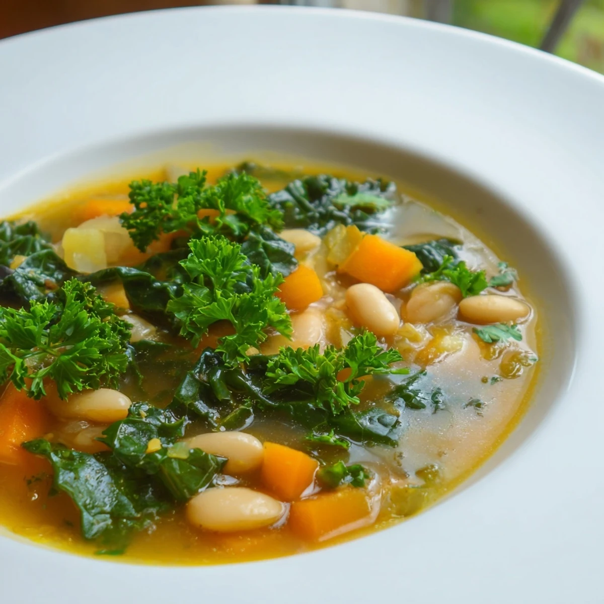 Creamy white beans and tender green kale floating in a steaming bowl of smoky soup