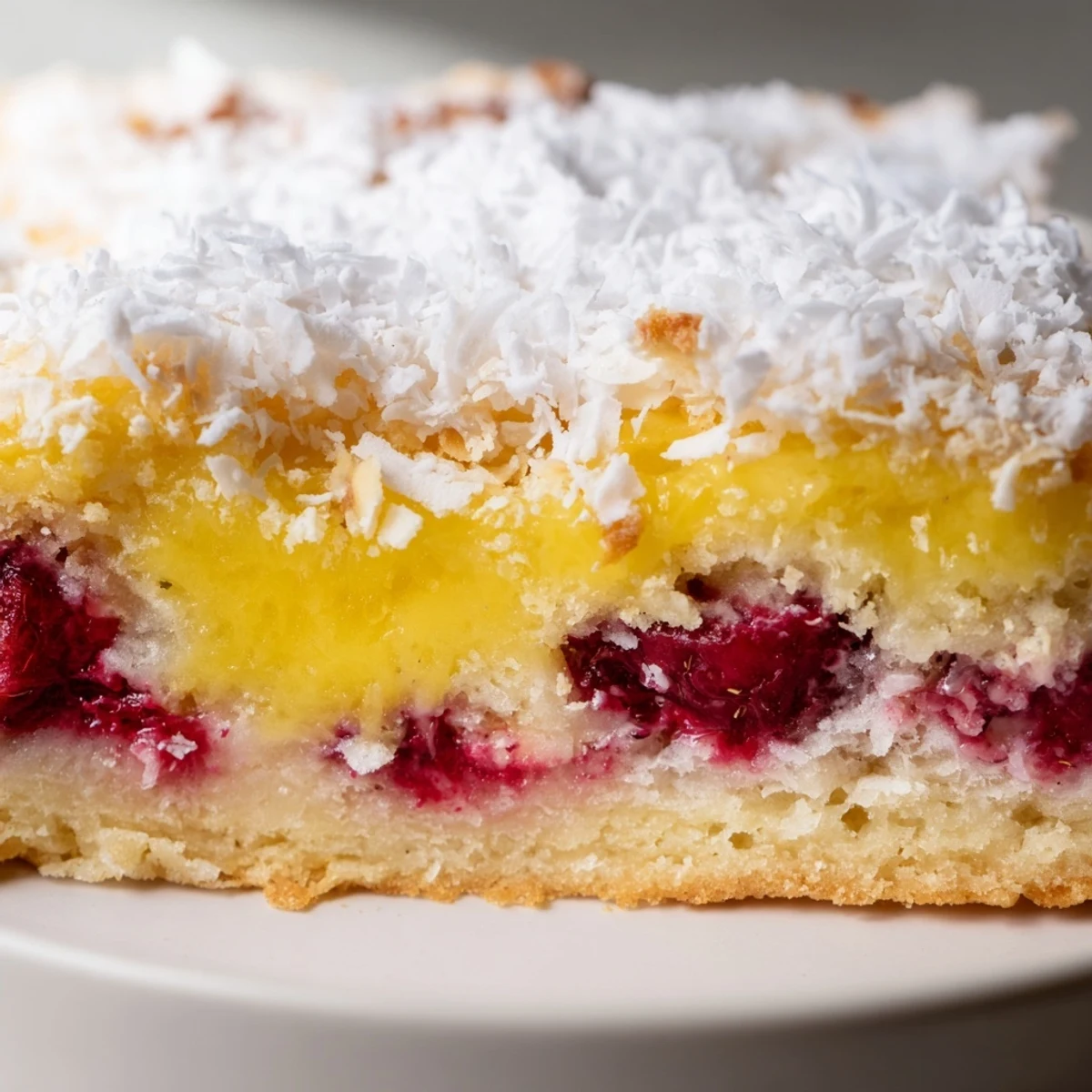 Golden Lemon Coconut Raspberry Bars with ruby red berries on a buttery shortbread crust