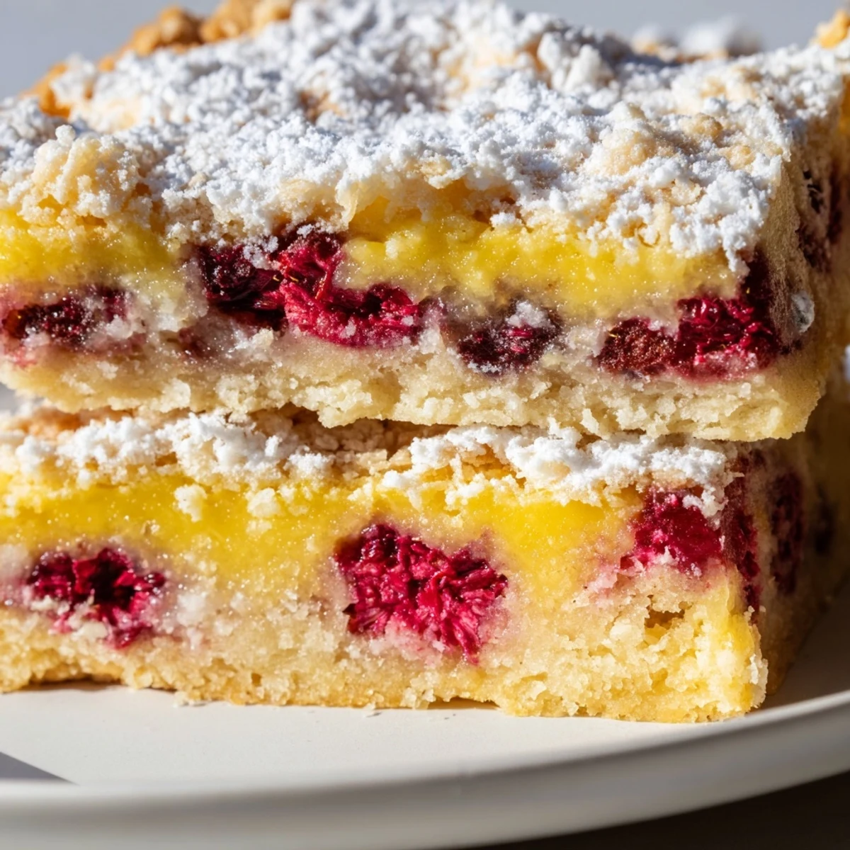 Zesty Lemon Coconut Raspberry Bars topped with fresh berries and toasted coconut shreds
