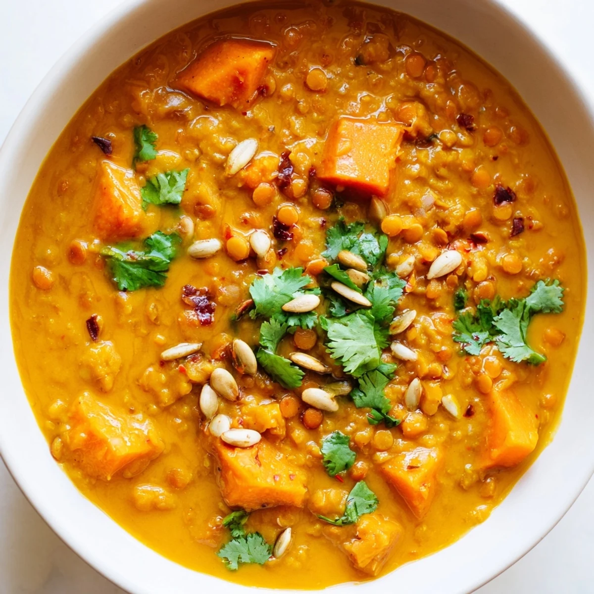 Creamy Spiced Sweet Potato Coconut Lentil Soup in a rustic bowl with fresh cilantro garnish